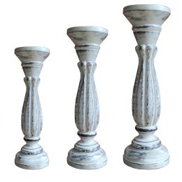 Handmade Wooden Candle Holder with Pillar Base Support, Distressed White, Set of 3