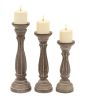 Benzara Handmade Wooden Candle Holder with Pillar Base Support, Distressed Brown, Set of 3