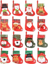 16Pcs Mini Christmas Stockings Bulk 3D Santa Snowman Reindeer Element Treat Bags Silverware Holders Hanging Socks Tree Decorations