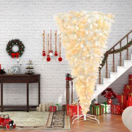 Upside Down Green Christmas Tree, with LED Warm White Lights, Reinforced Metal Base & Easy Assembly 6.6ft, w/1,200 Lush Branch Tips, 450 LED Lights