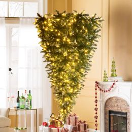 Upside Down Green Christmas Tree, with LED Warm White Lights, Green leaves with part spraying White, Reinforced Metal Base & Easy Assembly 7.4ft