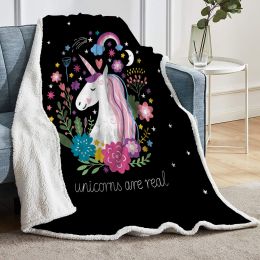 Cute Unicorn Blanket Unicorn Blankets and Throws for Girls Fuzzy Cartoon Unicorn Flower Fleece Blanket Black Pink Sherpa Plush Couch Throw Kids Childr