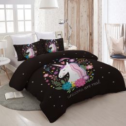 Unicorn Queen Bedding Set for Girls 3 Piece Unicorn Flower Duvet Cover Cartoon Unicorn Bedspreads Pink Black Cute Comforter Covers RT