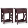 Set of 2 Wooden Nightstand, X-Shaped Sofa Side Table, End Table with Drawer, Bedroom Living Room Furniture XH