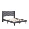 Upholstered Bed with Wings Design - Strong Wood Slat Support - Easy Assembly - Dark Gray Velvet, Queen, platform bed