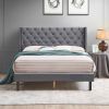 Upholstered Bed with Wings Design - Strong Wood Slat Support - Easy Assembly - Dark Gray Velvet, Queen, platform bed