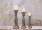 Benzara Handmade Wooden Candle Holder with Pillar Base Support, Distressed Brown, Set of 3