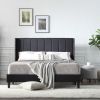 Bed Frame Set, Beds Headboard with Wings & Platform & Slats, Fabric/Queen/Black