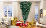 Upside Down Green Christmas Tree, with LED Warm White Lights, Green leaves with part spraying White, Reinforced Metal Base & Easy Assembly 7.4ft