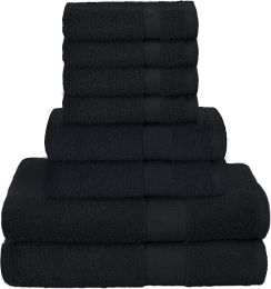 GLAMBURG Ultra Soft 8 Piece Towel Set - 100% Pure Ring Spun Cotton, Contains 2 Oversized Bath Towels 27x54, 2 Hand Towels 16x28, 4 Wash Cloths 13x13 (Color: Black)