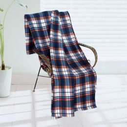 [Trendy Plaids - Blue/Orange/White] Soft Coral Fleece Throw Blanket (71 by 79 inches) (SKU: BLK-KRY056)