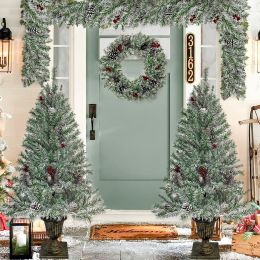 Pre-lit Artificial Christmas 4-Piece Set,Garland, Wreath and Set of 2 Entrance Trees (Color: Retro White)