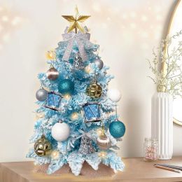 2ft Tabletop Christmas Tree with Light Artificial Small Mini Christmas Decoration with Flocked Snow;  Exquisite Decor & Xmas Ornaments for Table Top f (Color: Blue)