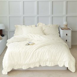 4 Season Seersucker Comforter Set Soft Breathable Ruffle Bedding Set 2/3 Pieces (Color: Beige, size: KING)