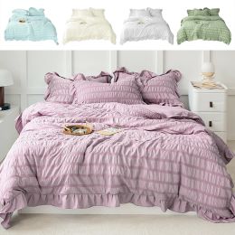 4 Season Seersucker Comforter Set Soft Breathable Ruffle Bedding Set 2/3 Pieces (Color: Purple, size: KING)