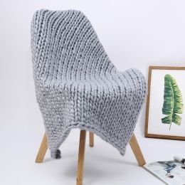 Chunky Knit Blanket Handmade Knitting Warm Knitting Throw Blanket (Color: light grey, size: 47*59*1.1inches)