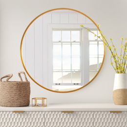 Modern Simple Thin Frame Wall-Mounted Vanity Round Mirror 23.6" x 23.6" for Bathroom, Vanity, Living Room, Bedroom, Entryway Wall Decor (Material: Aluminum alloy, Color: Gold)