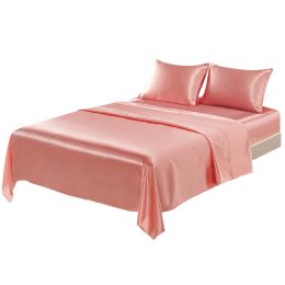 4 Pcs Smooth Satin Silk Sheet Set Deep Pocket Bed Sheet Wrinkle Fade Resistant (Color: Pink, size: Full)