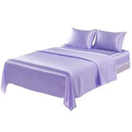 4 Pcs Smooth Satin Silk Sheet Set Deep Pocket Bed Sheet Wrinkle Fade Resistant (Color: Light Purple, size: Full)