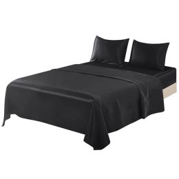 4 Pcs Smooth Satin Silk Sheet Set Deep Pocket Bed Sheet Wrinkle Fade Resistant (Color: Black, size: QUEEN)