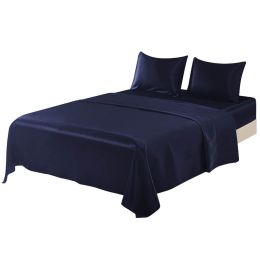 4 Pcs Smooth Satin Silk Sheet Set Deep Pocket Bed Sheet Wrinkle Fade Resistant (Color: Dark Blue, size: QUEEN)