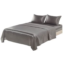 4 Pcs Smooth Satin Silk Sheet Set Deep Pocket Bed Sheet Wrinkle Fade Resistant (Color: Gray, size: QUEEN)