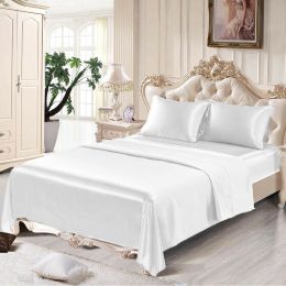 4 Pcs Smooth Satin Silk Sheet Set Deep Pocket Bed Sheet Wrinkle Fade Resistant (Color: White, size: KING)