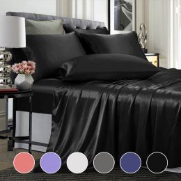 4 Pcs Smooth Satin Silk Sheet Set Deep Pocket Bed Sheet Wrinkle Fade Resistant (Color: Black, size: Twin)