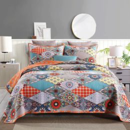 Cotton Quilt Set 3PCS Reversible Bedspread Lightweight Coverlet Set for Queen/Full Size Bed All Season Use (Color: Troy Ethnic, size: QUEEN)