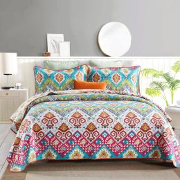 Cotton Quilt Set 3PCS Reversible Bedspread Lightweight Coverlet Set for Queen/Full Size Bed All Season Use (Color: Ikat Garden, size: QUEEN)