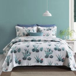 Cotton Quilt Set 3PCS Reversible Bedspread Lightweight Coverlet Set for Queen/Full Size Bed All Season Use (Color: Cactus Aloe, size: QUEEN)