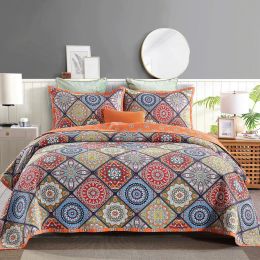 Cotton Quilt Set 3PCS Reversible Bedspread Lightweight Coverlet Set for Queen/Full Size Bed All Season Use (Color: Orange Floral Blocks, size: QUEEN)