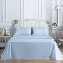 100% Cotton Bed Sheet Set 400TC Macrame Fitted Flat Sheet with Pillowcases, Twin/Full/Queen/King Size (Color: Blue, size: QUEEN)