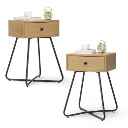 Modern Night Stand, End Table with Drawer, Cross Legs, Bedroom Furniture for Small Spaces, Living Room, Oak XH (Quantity: 2 pieces)