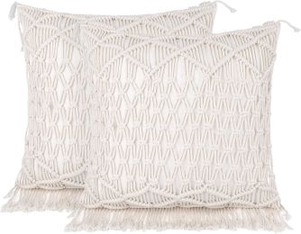 Boho Macrame Pillow Cover 18 x 18 Inches 2PCS Throw Pillowcase Hand Knit Cream Decorative Cushion Case with Tassel for Sofa Couch Chair Bed (Style: Crossover Chain, Quantity: 2)