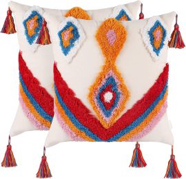 Boho Tufted Pillow Cover 18 x 18 Inches 2PCS Throw Pillowcase Handmade Colorful Decorative Cushion Case with Tassel for Sofa Couch Chair Bed (Style: Boho Diamond, Quantity: 2)