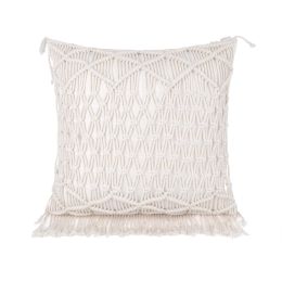 Boho Macrame Pillow Cover 18 x 18 Inches 2PCS Throw Pillowcase Hand Knit Cream Decorative Cushion Case with Tassel for Sofa Couch Chair Bed (Style: Crossover Chain, Quantity: 1)