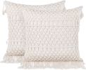 Boho Macrame Pillow Cover 18 x 18 Inches 2PCS Throw Pillowcase Hand Knit Cream Decorative Cushion Case with Tassel for Sofa Couch Chair Bed