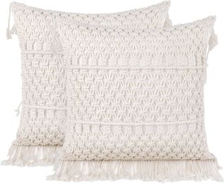 Boho Macrame Pillow Cover 18 x 18 Inches 2PCS Throw Pillowcase Hand Knit Cream Decorative Cushion Case with Tassel for Sofa Couch Chair Bed (Style: Flower Sea, Quantity: 2)