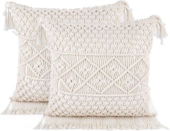 Boho Macrame Pillow Cover 18 x 18 Inches 2PCS Throw Pillowcase Hand Knit Cream Decorative Cushion Case with Tassel for Sofa Couch Chair Bed (Style: Pastoral, Quantity: 2)