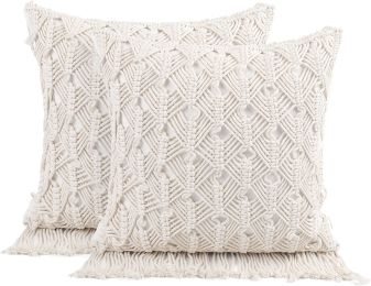 Boho Macrame Pillow Cover 18 x 18 Inches 2PCS Throw Pillowcase Hand Knit Cream Decorative Cushion Case with Tassel for Sofa Couch Chair Bed (Style: Sweet Dream Catcher, Quantity: 2)