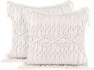 Boho Macrame Pillow Cover 18 x 18 Inches 2PCS Throw Pillowcase Hand Knit Cream Decorative Cushion Case with Tassel for Sofa Couch Chair Bed