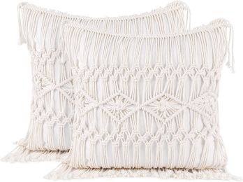 Boho Macrame Pillow Cover 18 x 18 Inches 2PCS Throw Pillowcase Hand Knit Cream Decorative Cushion Case with Tassel for Sofa Couch Chair Bed (Style: Striped, Quantity: 2)