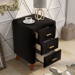 Bedroom Upholstery Nightstand with Three Drawers (Color: Black)