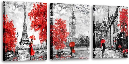 Black and White Wall Art Red Paris Theme Canvas Art Eiffel Tower Wall Paintings London Big Ben Pictures for Bedroom Living Room Wall Decor (size: 12inchx16inchx3pieces)