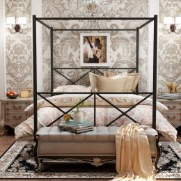 Canopy BedFrame with Vintage Style Headboard and Footboard X Shaped Frame (size: Full)