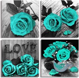 Canvas Wall Art Red Rose Painting Bathroom Accessories,Black and White Wall Art Flower Pictures Canvas Print Artwork for Living Room Bedroom Home Deco (Color: teal, size: 12inchx12inchx4pcs)