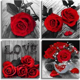 Canvas Wall Art Red Rose Painting Bathroom Accessories,Black and White Wall Art Flower Pictures Canvas Print Artwork for Living Room Bedroom Home Deco (Color: Red, size: 12inchx12inchx4pcs)