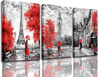 Black and White Wall Art Red Paris Theme Canvas Art Eiffel Tower Wall Paintings London Big Ben Pictures for Bedroom Living Room Wall Decor (size: 16inchx24inchx3pieces)