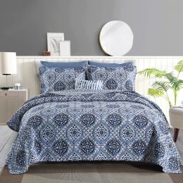 Cotton Quilt Set 3PCS Reversible Bedspread Lightweight Coverlet Set for Queen/Full Size Bed All Season Use (Color: Blue White Porcelain, size: QUEEN)